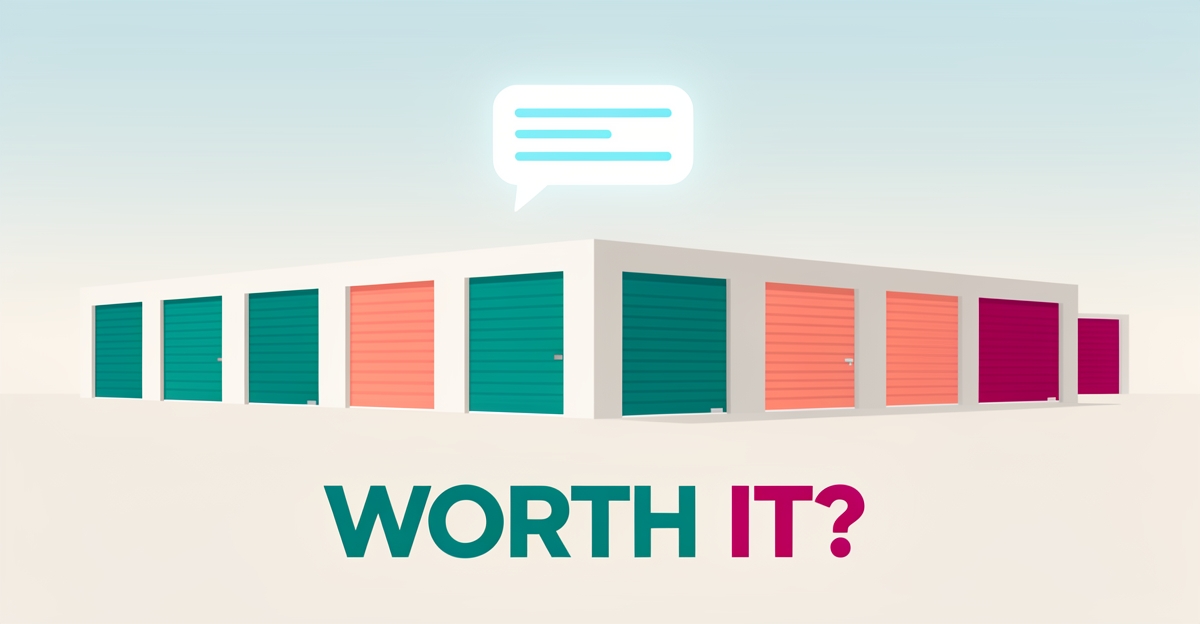 Flat illustration of a self-storage facility with a floating AI chat bubble, asking whether AI chat support is worth it.