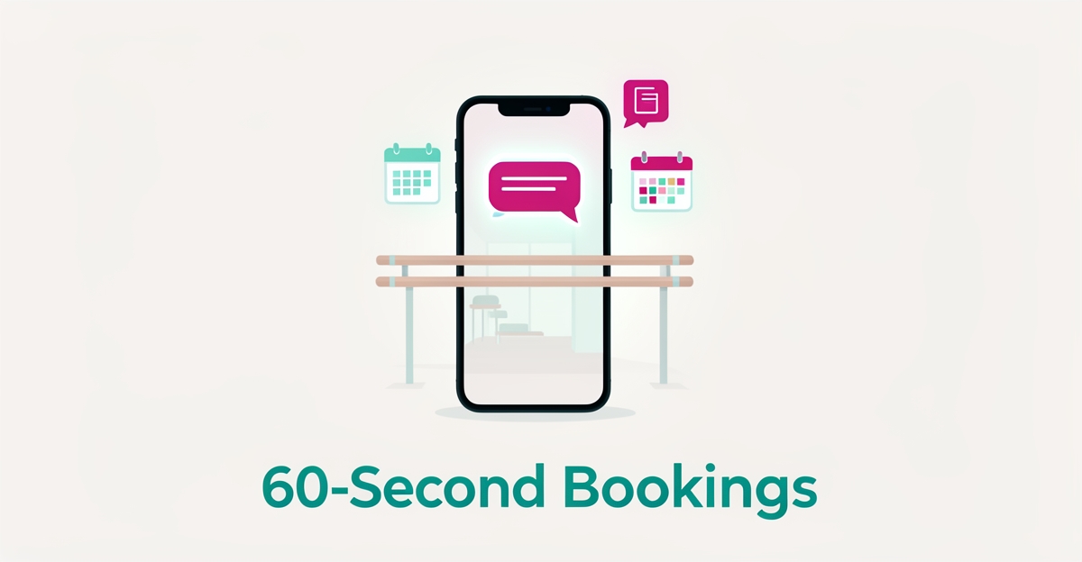 Flat illustration of a smartphone with AI chat bubbles above a ballet barre, symbolizing instant booking responses for barre studios.