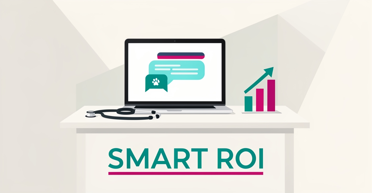 Flat illustration of a tablet with AI chat bubbles, a paw icon, and a rising ROI bar chart in teal and magenta, headlined 'Smart ROI'.