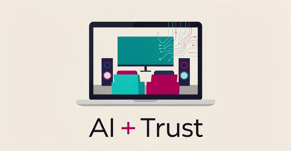 Flat illustration of a laptop showing a home theater setup with AI circuit patterns, accented in teal and magenta, headlined AI + Trust.