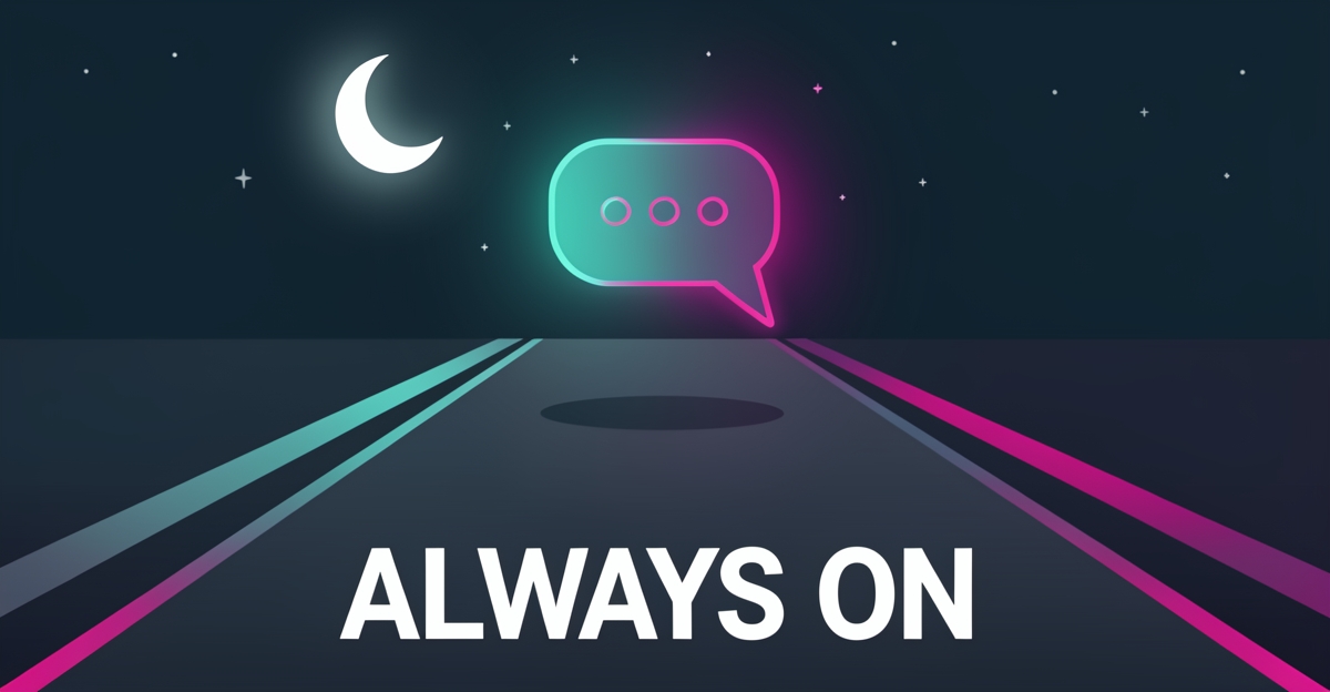 Flat illustration of a paved driveway at night with a glowing AI chat bubble, symbolizing 24/7 automated lead capture.