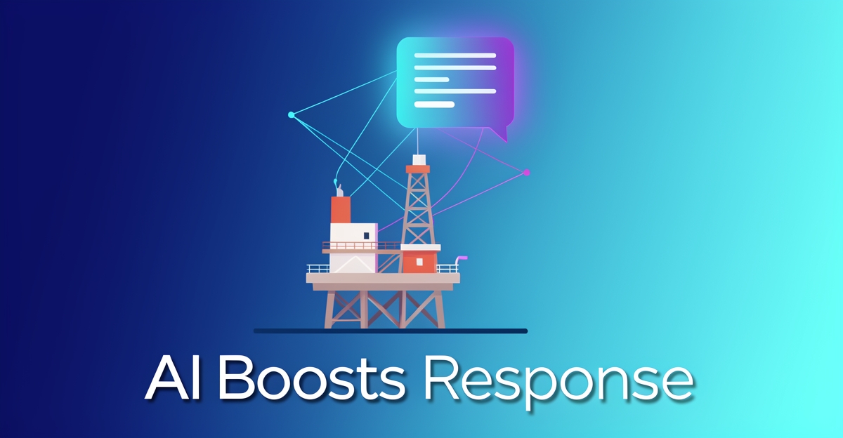 A minimalist flat illustration of an oil rig connected to a floating AI chatbot via glowing network lines, with the headline 'AI Boosts Response' in the lower third, using brand colors #2aabb6 and #d946ef as accents.