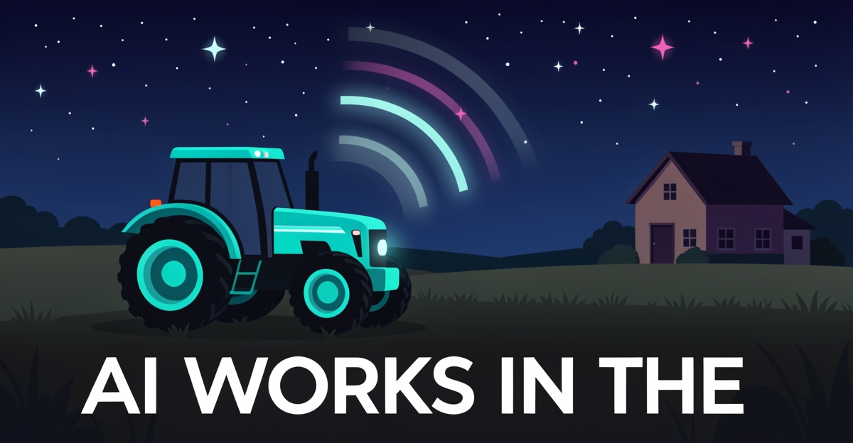 A minimalist flat illustration of a tractor in a dark field with glowing signal waves, representing 24/7 AI customer support for rural farm equipment sites, with brand-colored accents and a headline in the lower third.