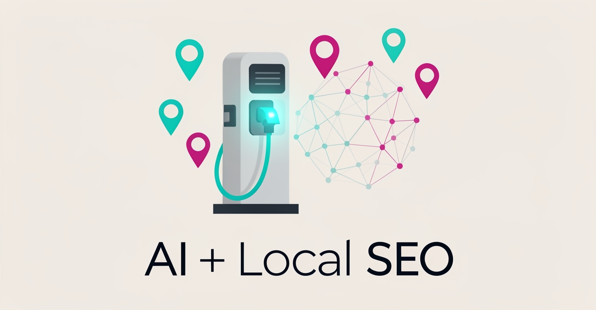 Flat illustration of an EV charging station with AI network nodes and map pins, symbolizing AI-generated content for local SEO.
