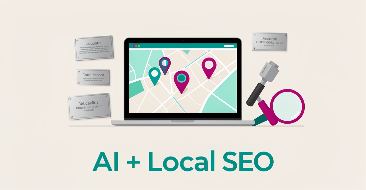 Flat illustration of a laptop with a local map, pins, and engraved plaques, accented in teal and magenta, with headline AI + Local SEO.