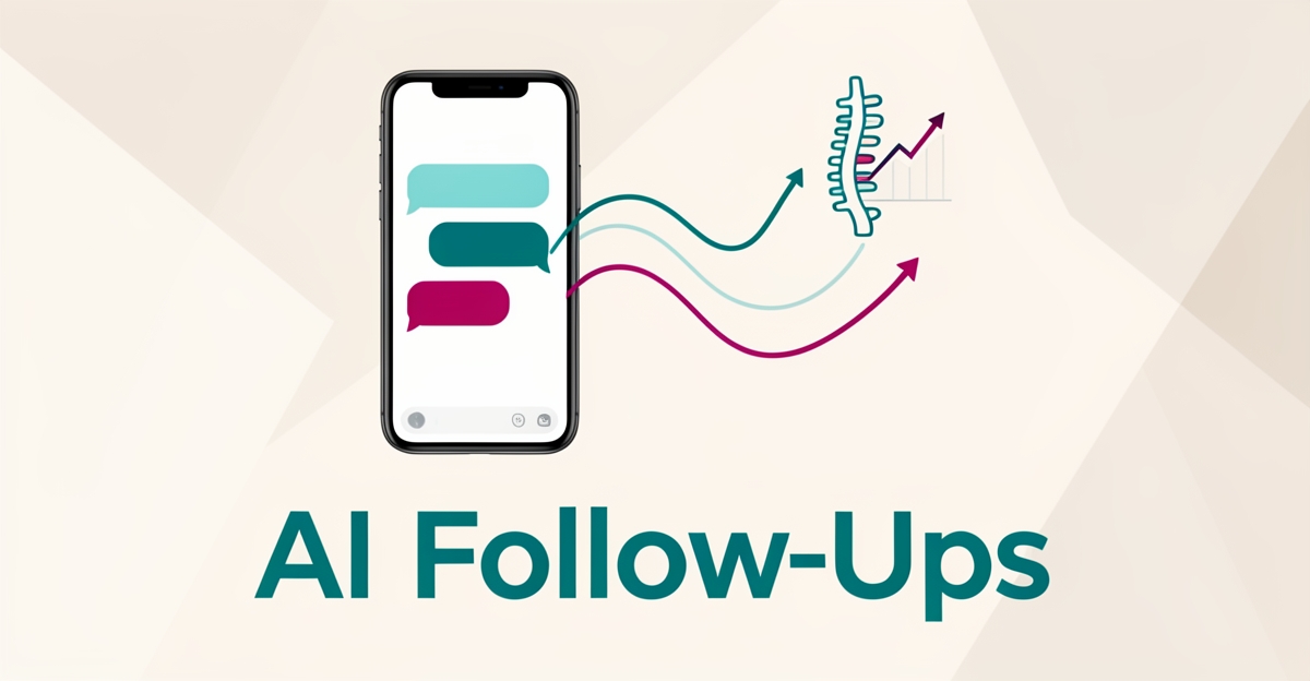 Flat illustration of a smartphone chat interface connected to a spine icon and rising graph, representing AI-powered chiropractic patient follow-up.