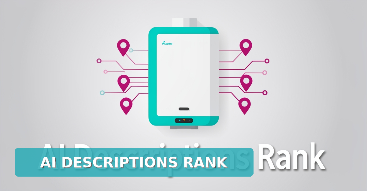 A minimalist flat illustration of a tankless water heater with digital SEO signals radiating outward, featuring the headline 'AI Descriptions Rank' in the lower third, using brand colors teal and magenta.