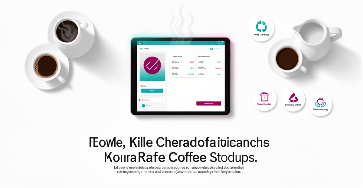 Flat illustration of a coffee shop counter with tablet ordering and teal magenta accents showing AI online ordering benefits.