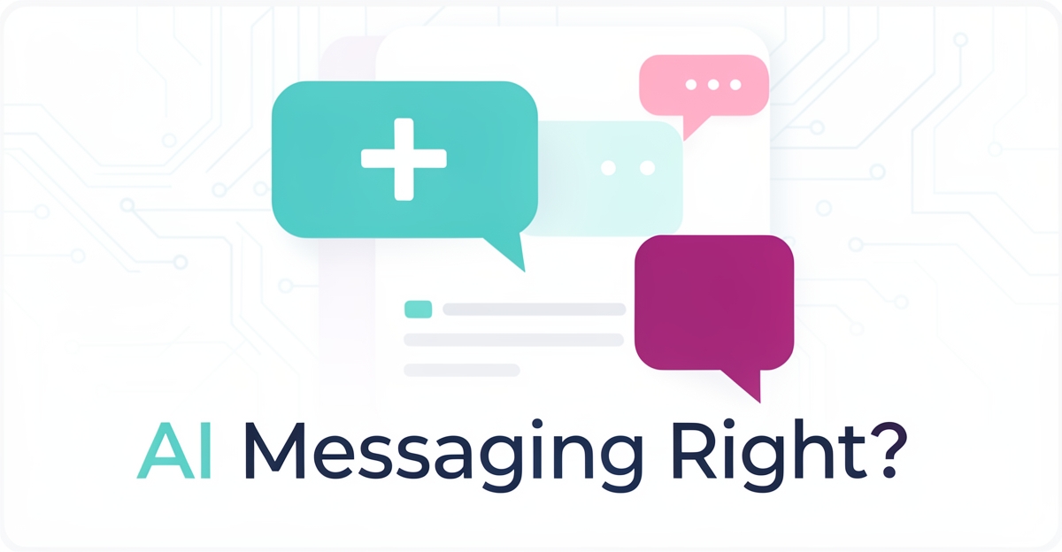 A minimalist flat illustration of a medical clinic interface with AI-themed speech bubbles and circuitry accents, featuring the headline 'AI Messaging Right?' in the lower third