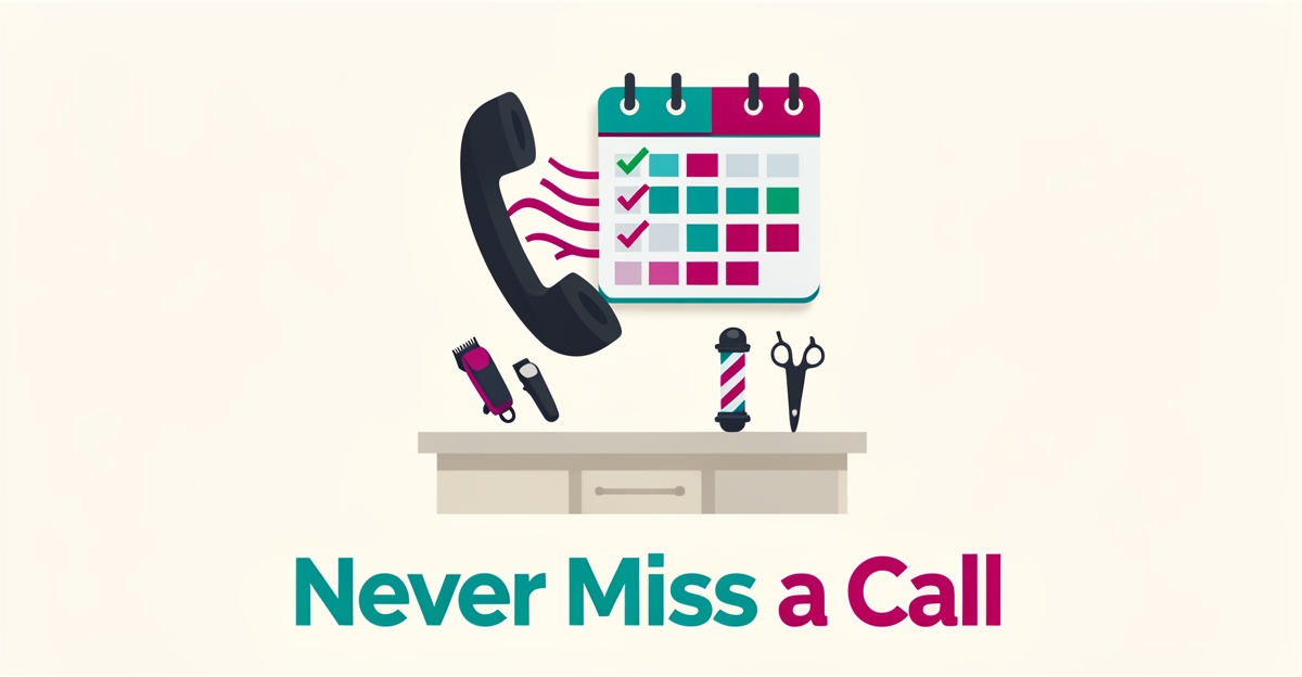 Flat illustration of a phone converting calls into booked barbershop appointments with teal and magenta accents and headline Never Miss a Call.