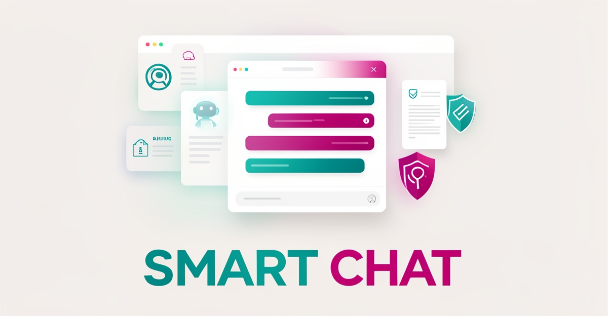 Flat illustration of a website AI chat assistant with compliance icons, accented in teal and magenta, headlined Smart Chat.