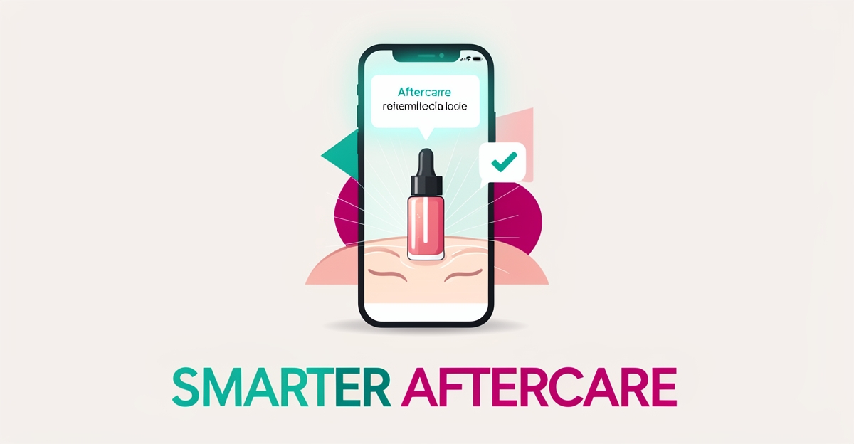 Flat illustration of a smartphone sending AI-personalized skincare aftercare reminders beside a serum bottle, accented in teal and magenta.