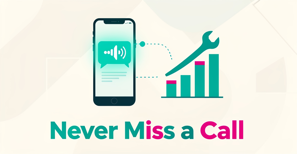 Flat illustration of a smartphone with AI chat and voice icons beside a wrench and rising revenue chart in teal and magenta.