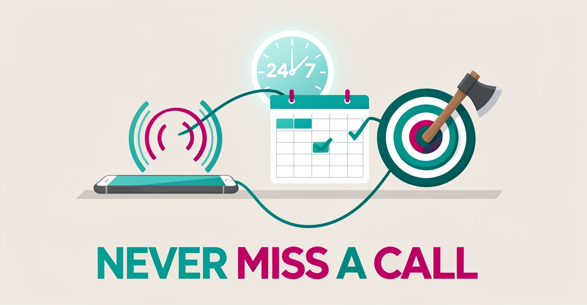 Flat illustration of a smartphone ringing with sound waves linking to a booking calendar and axe-throwing target, accented in teal and magenta.
