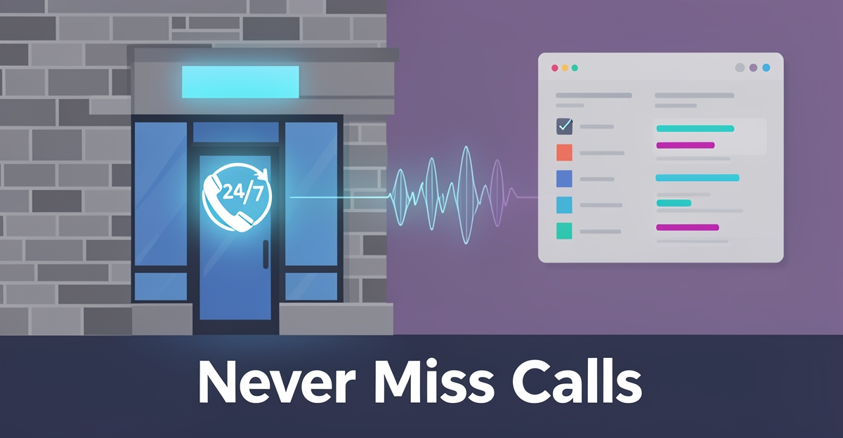 Flat illustration of brick and stone storefront with AI voice automation and 24/7 call capture concept.