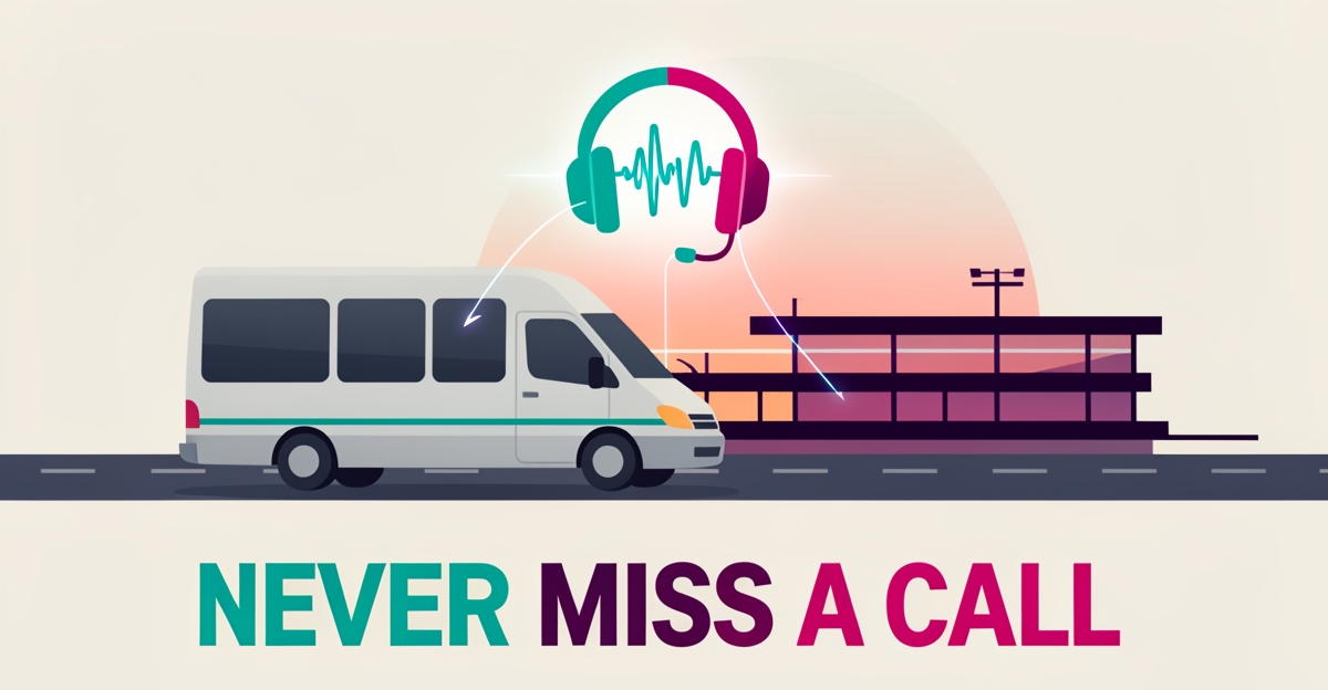 Flat illustration of an airport shuttle van receiving AI voice call waveforms under a headset icon, with headline Never Miss a Call.