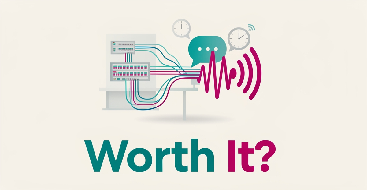 Flat illustration of network cabling merging with AI soundwaves and a follow-up clock, accented in teal and magenta with the headline Worth It?