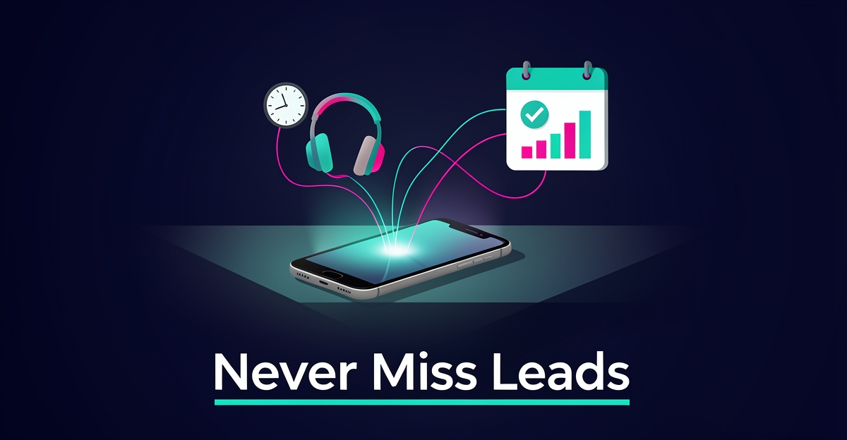 Flat illustration of a smartphone answering calls at night with sound waves linking to a calendar and rising chart, headline reading Never Miss Leads.