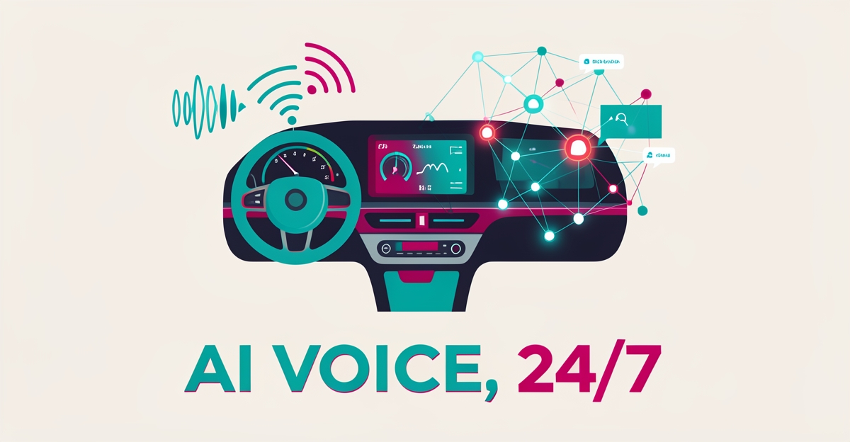 Flat illustration of connected vehicle telematics with AI voice sound waves in teal and magenta, headline reading AI Voice, 24/7.