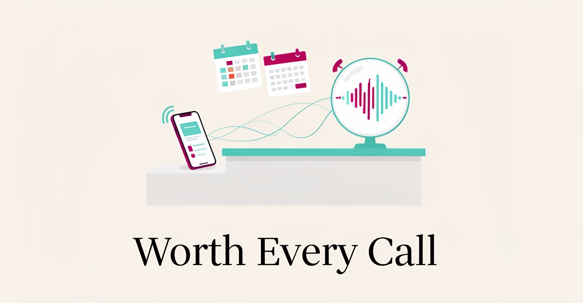 Flat illustration of a salon reception desk where an AI soundwave orb answers a ringing phone beside floating appointment cards, with headline 'Worth Every Call'.