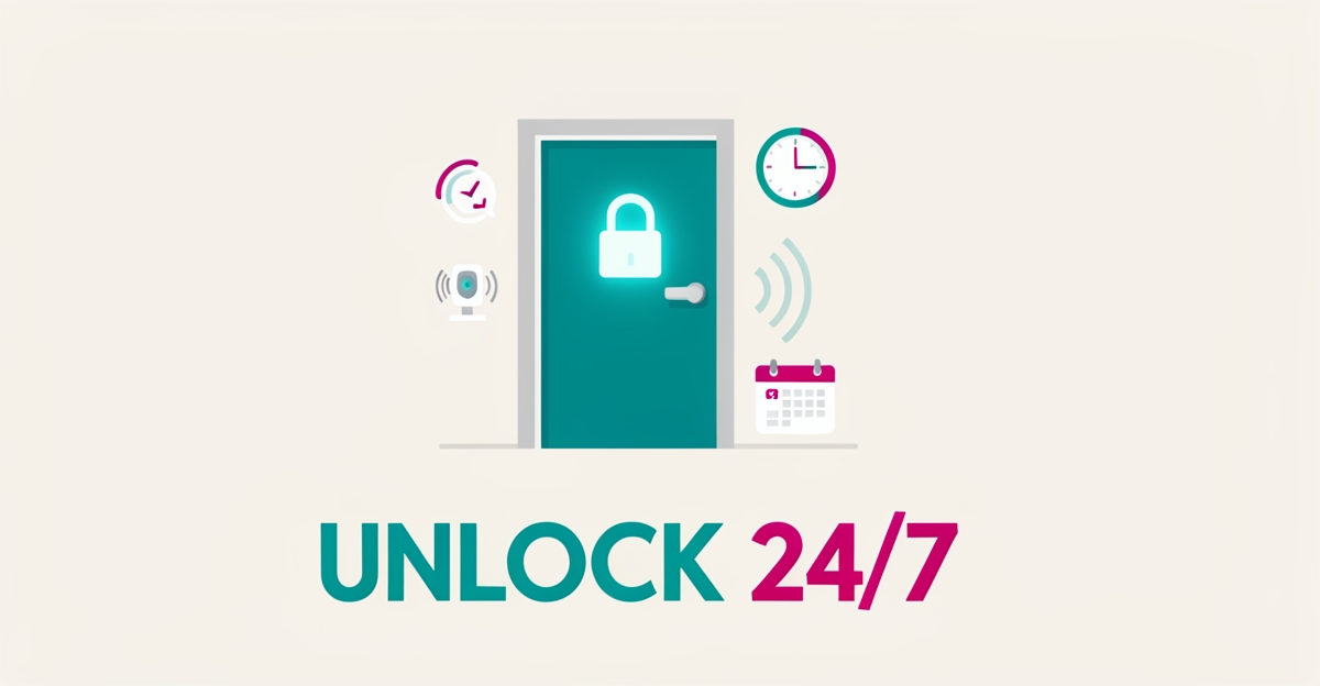 Flat illustration of an escape room door with voice assistant sound waves and booking icons, accented in teal and magenta, with headline reading Unlock 24/7.