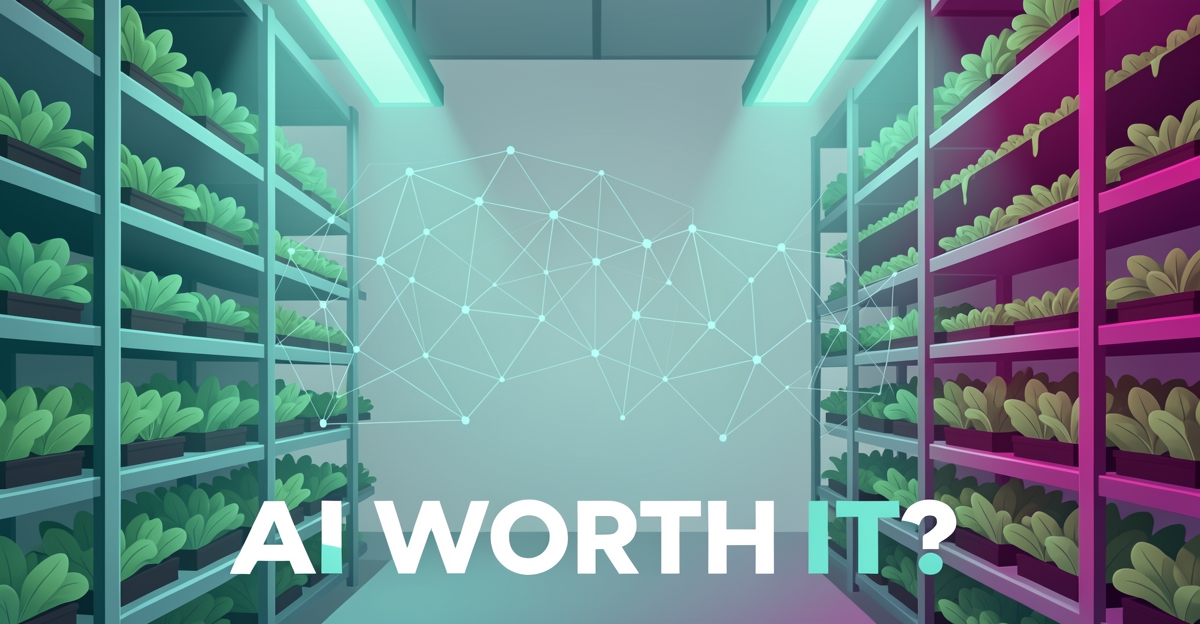 Flat illustration of a vertical farm with teal grow lights and AI data-node accents, headlined 'AI Worth It?'