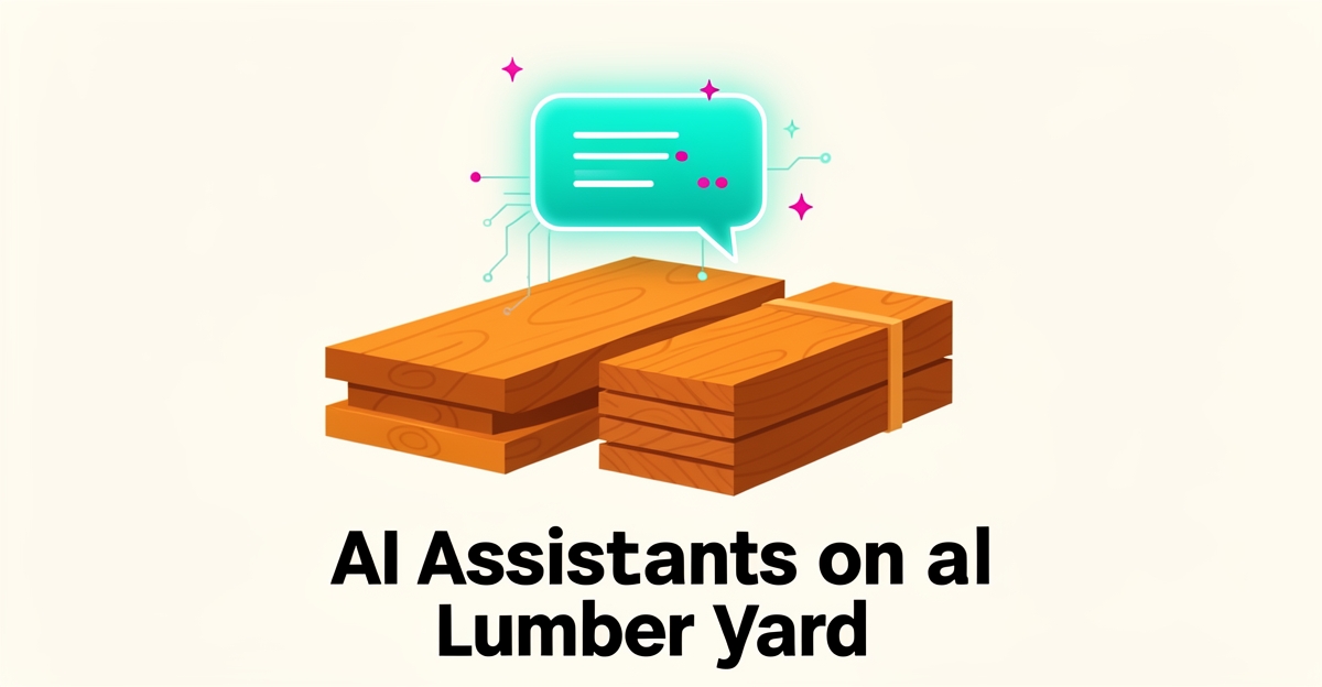 Flat illustration of glowing AI chat bubble hovering over stacked lumber boards, symbolizing an AI assistant answering wood type and pricing questions.