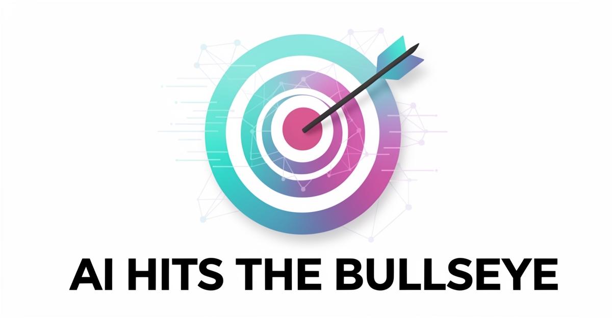 A minimalist flat illustration of an archery target with an arrow in the center and subtle AI-inspired data lines in brand colors, accompanied by the headline 'AI Hits the Bullseye' in the lower third.