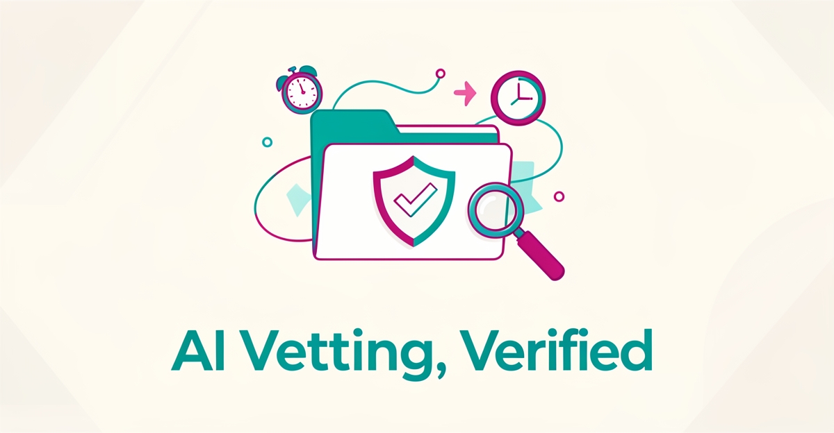 Flat illustration of a shield-checkmarked document with automation icons in teal and magenta, representing AI-powered au pair background checks.