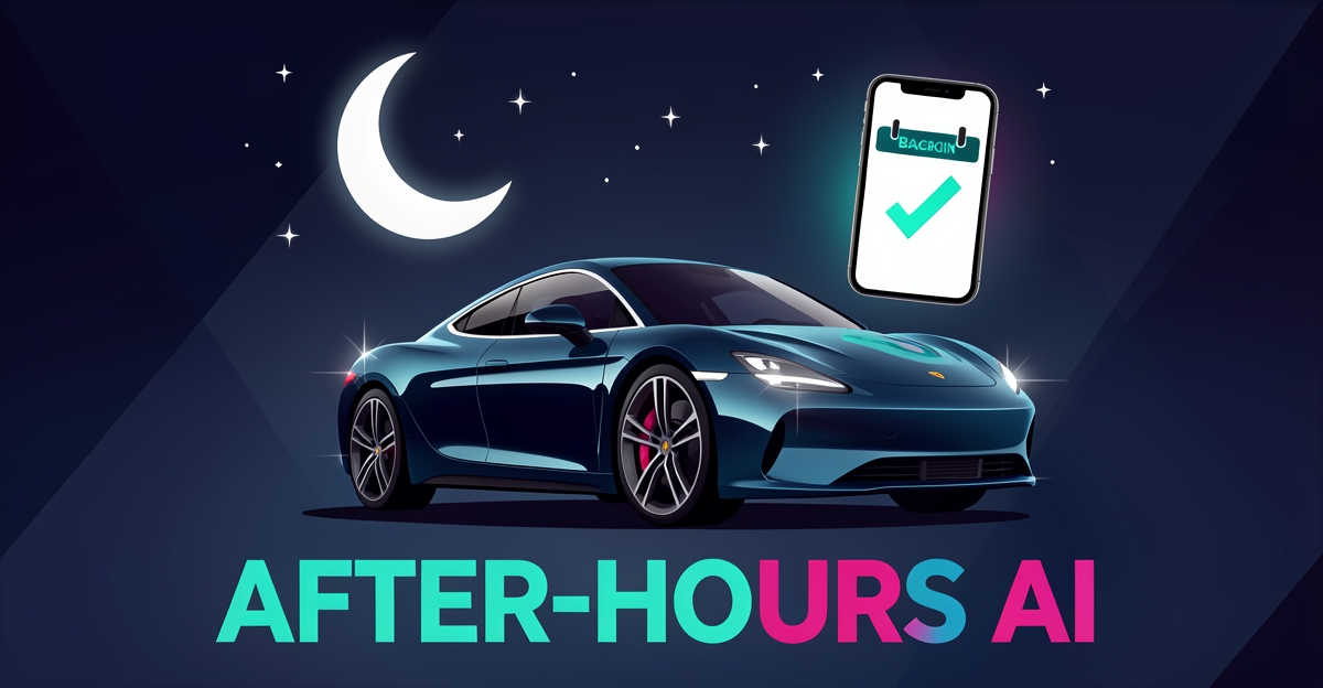 Flat illustration of a glossy ceramic-coated car at night beside a glowing AI booking phone, symbolizing after-hours automated scheduling.