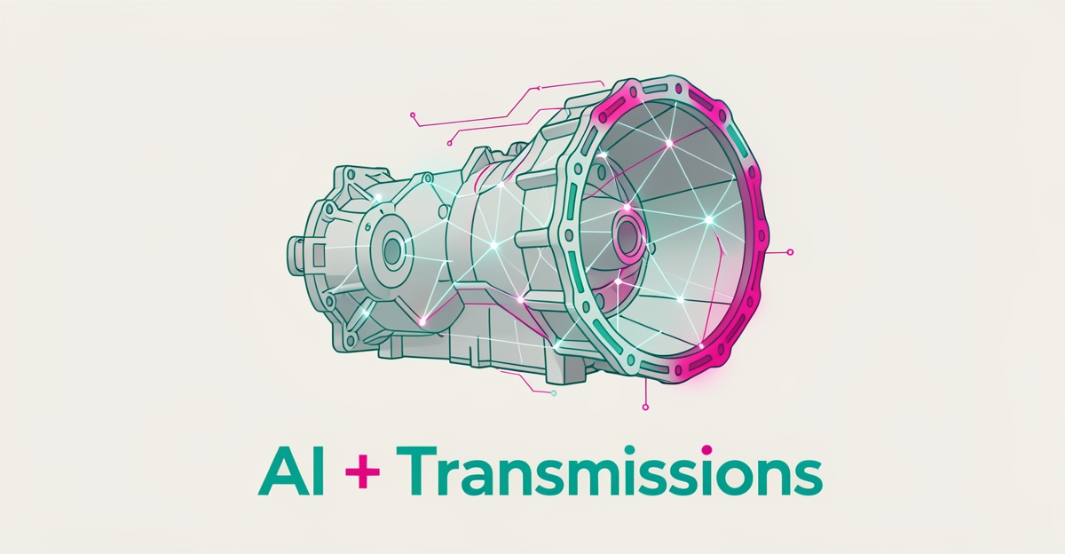 Flat illustration of a car transmission with glowing AI neural network lines in teal and magenta, with headline 'AI + Transmissions'.