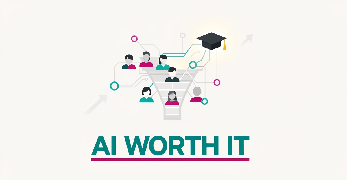 Flat illustration of an AI-driven enrollment funnel guiding abstract student icons to a graduation cap with teal and magenta accents.
