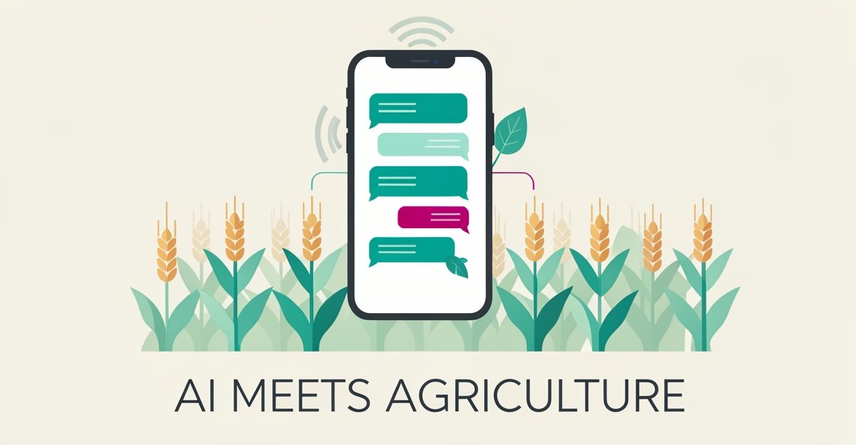 Flat illustration of a smartphone chat interface connecting AI insights to stylized crop fields in teal and magenta accents.