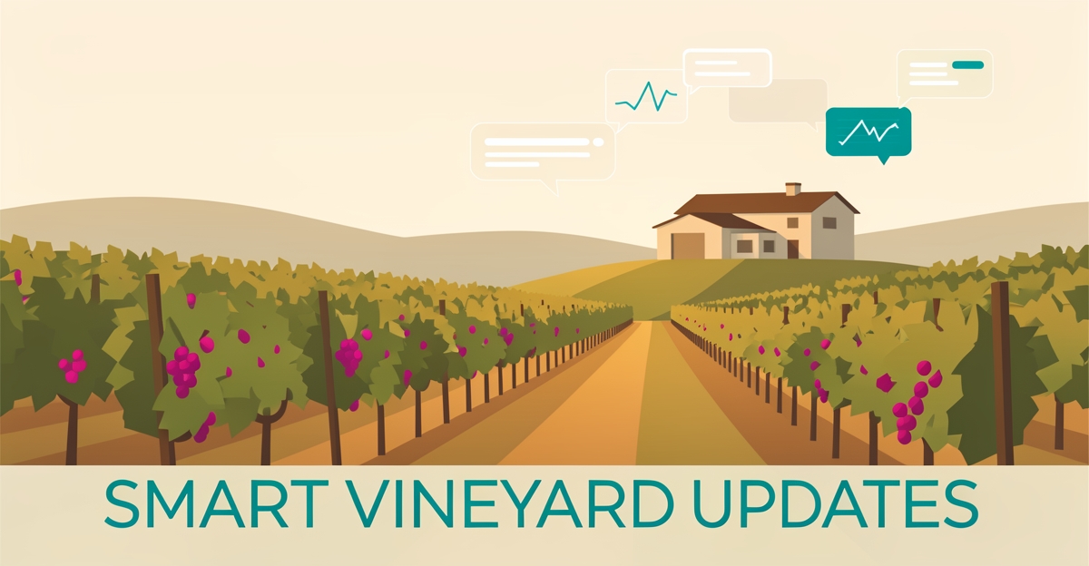Flat illustration of a vineyard with AI digital elements in teal and magenta, headline reading Smart Vineyard Updates.
