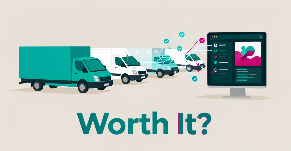 Flat illustration of fleet trucks in a repair garage with AI data streams and dashboard, accented in teal and magenta, headline reading Worth It?