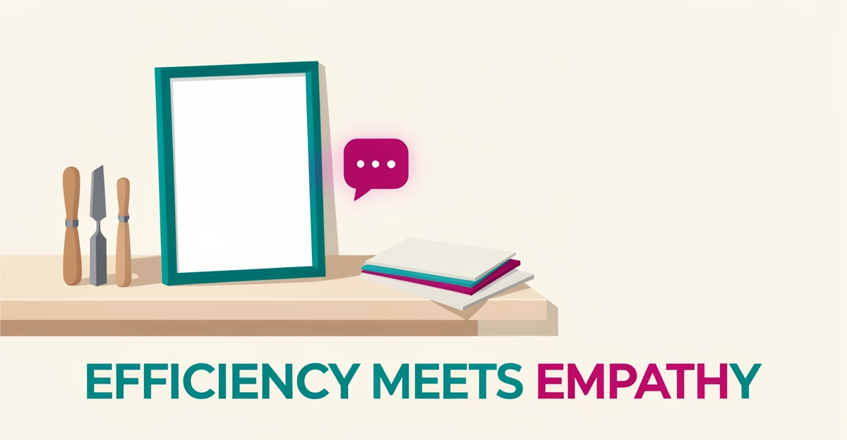 Flat illustration of a framing workshop with picture frame and AI chat bubble, accented in teal and magenta, with headline Efficiency Meets Empathy.