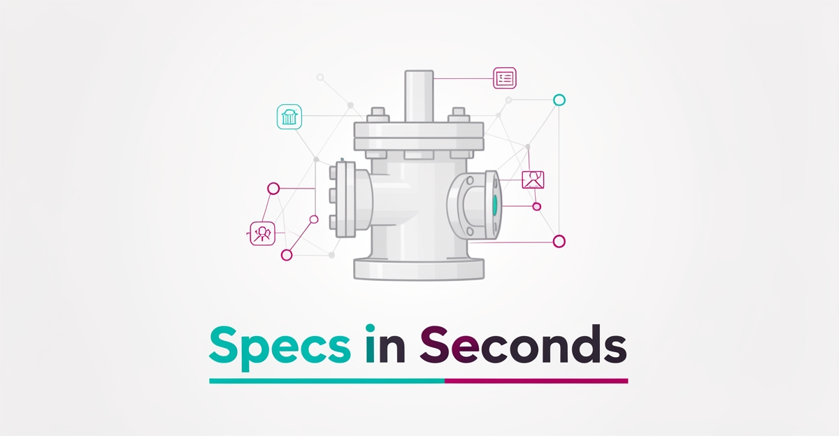 Flat illustration of wellhead equipment and AI data flow showing rapid spec generation for industrial automation.