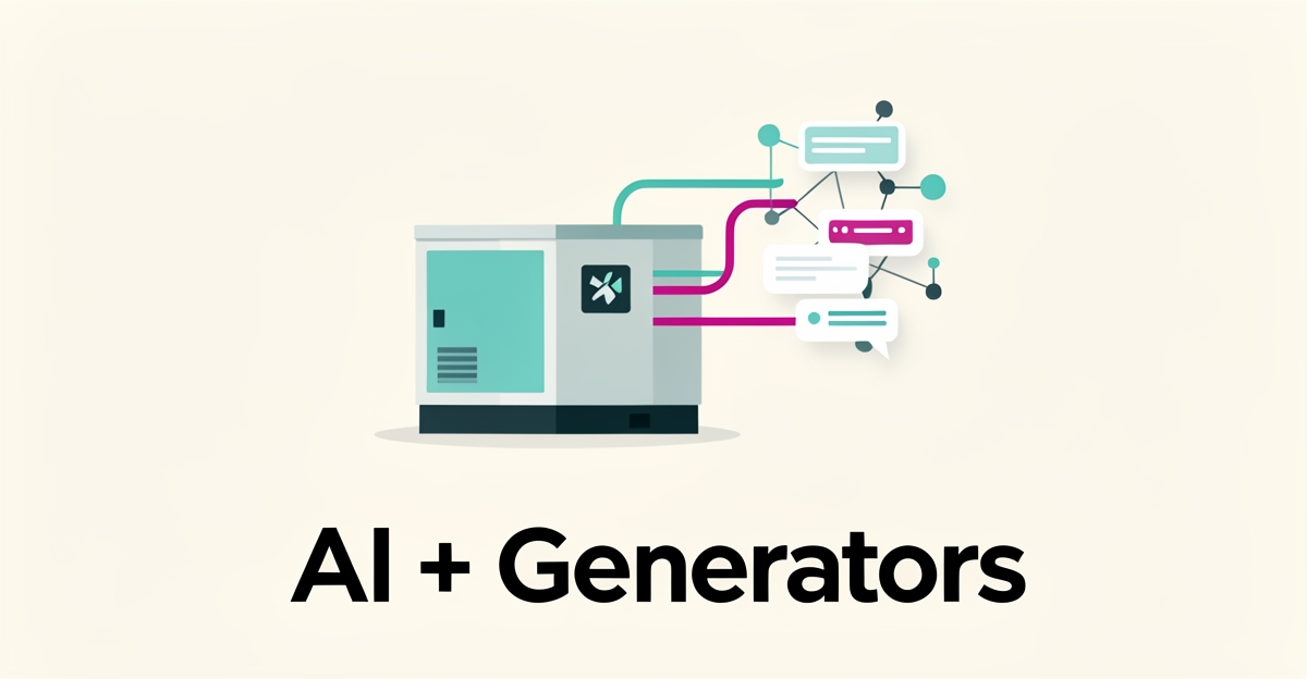 Flat illustration of a backup generator connected to abstract AI chat and sensor icons in teal and magenta, with the headline AI + Generators.