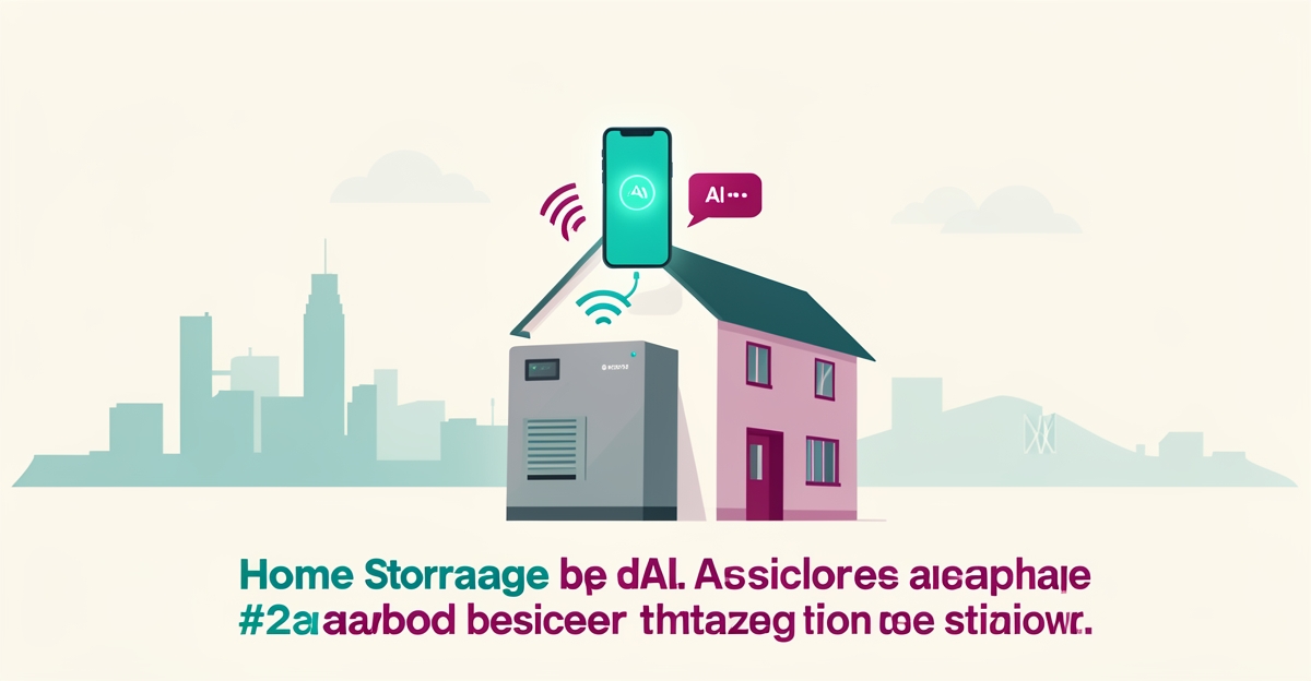 Flat illustration of a smartphone with AI sound waves connecting to a home battery storage unit, teal and magenta accents, headline AI Answers 24/7.