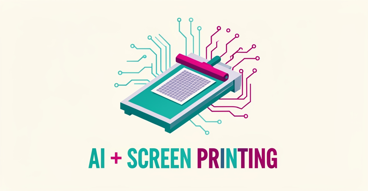 Flat illustration of a screen printing press with AI circuit motifs in teal and magenta, symbolizing automated design workflows.