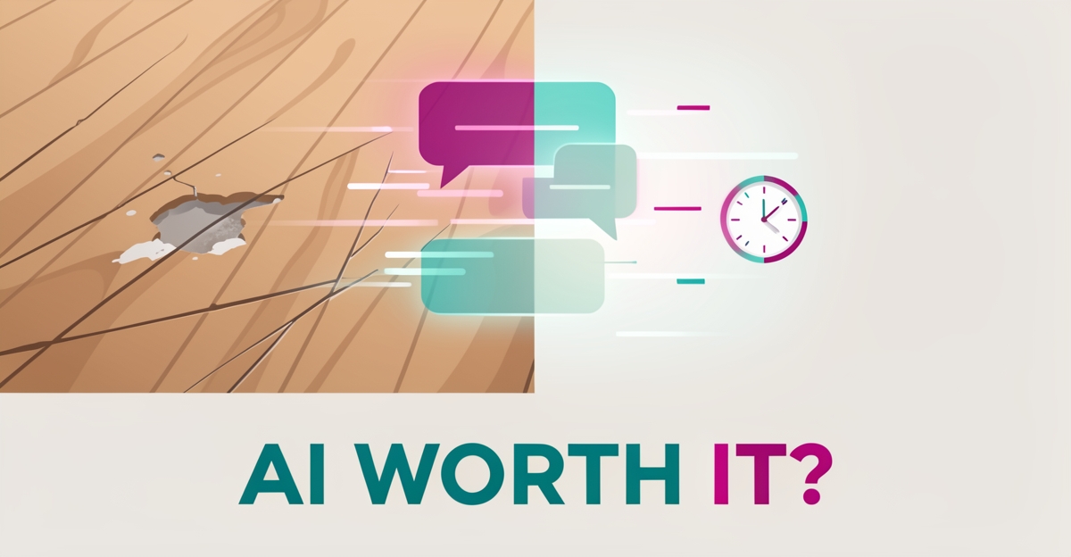 Flat illustration of damaged hardwood flooring transforming into a flawless surface with glowing AI interface accents in teal and magenta.