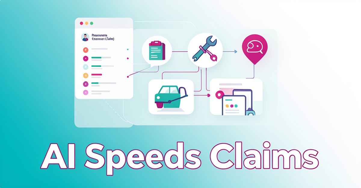 A minimalist flat illustration of a digital insurance claim dashboard with brand-colored accents, featuring the headline 'AI Speeds Claims' in the lower third as a designed overlay.