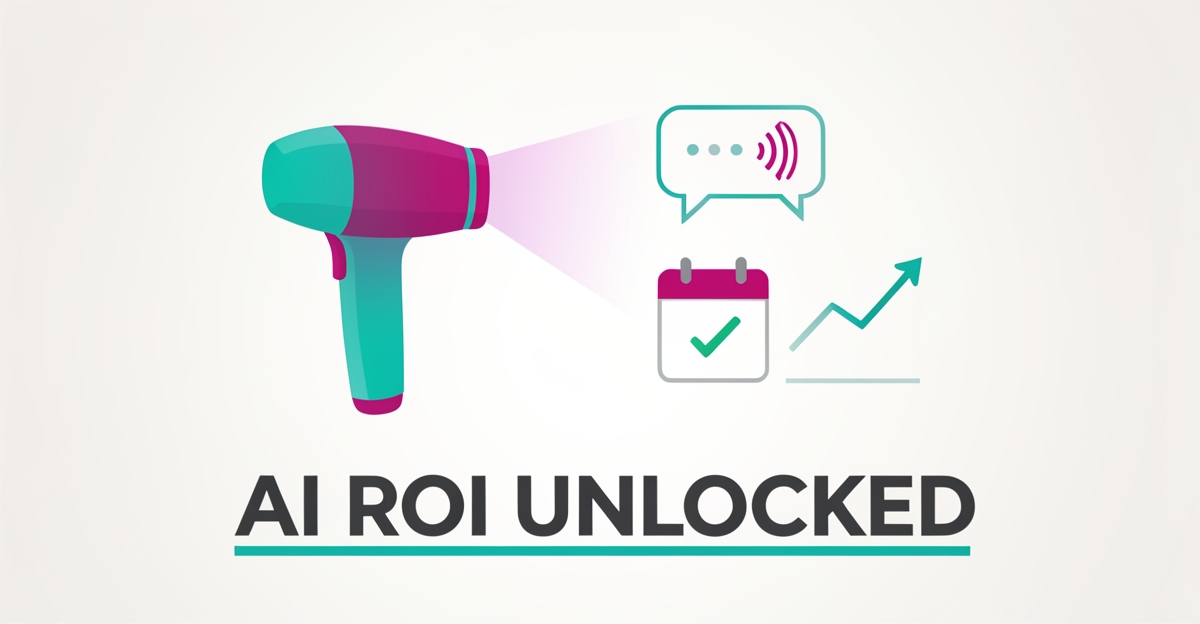 Flat illustration of a laser hair removal device with AI automation icons, calendar, and growth chart in teal and magenta brand colors.