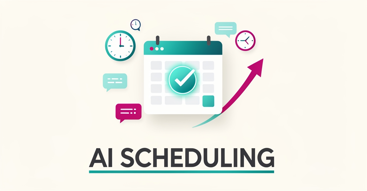 Flat illustration of a digital booking calendar with chat bubbles and a growth curve in teal and magenta, titled AI Scheduling.