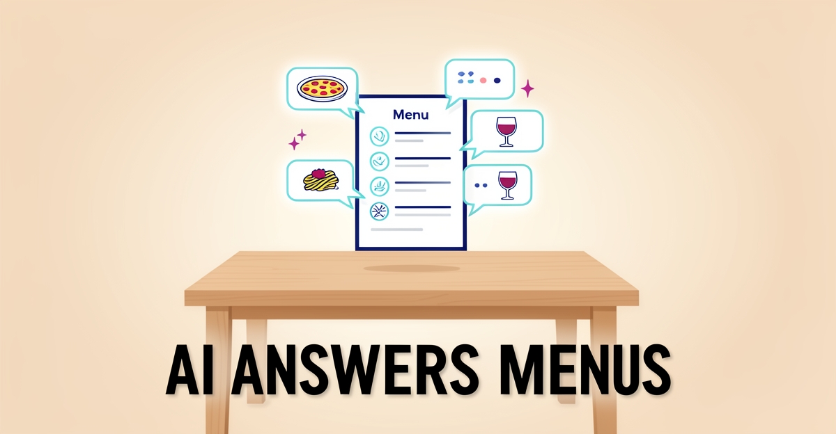 A minimalist flat illustration of an Italian restaurant menu with glowing AI-powered chat bubbles handling customer inquiries, using brand colors as subtle accents.