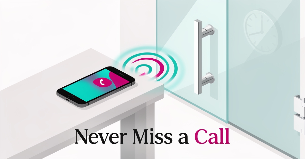 Flat illustration of a smartphone and glass shower door with glowing call ripples and a 24/7 clock, accented in teal and magenta.