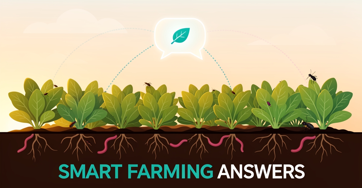 Flat illustration of an organic farm with soil cross-section and AI chat interface motif answering soil and pest questions.
