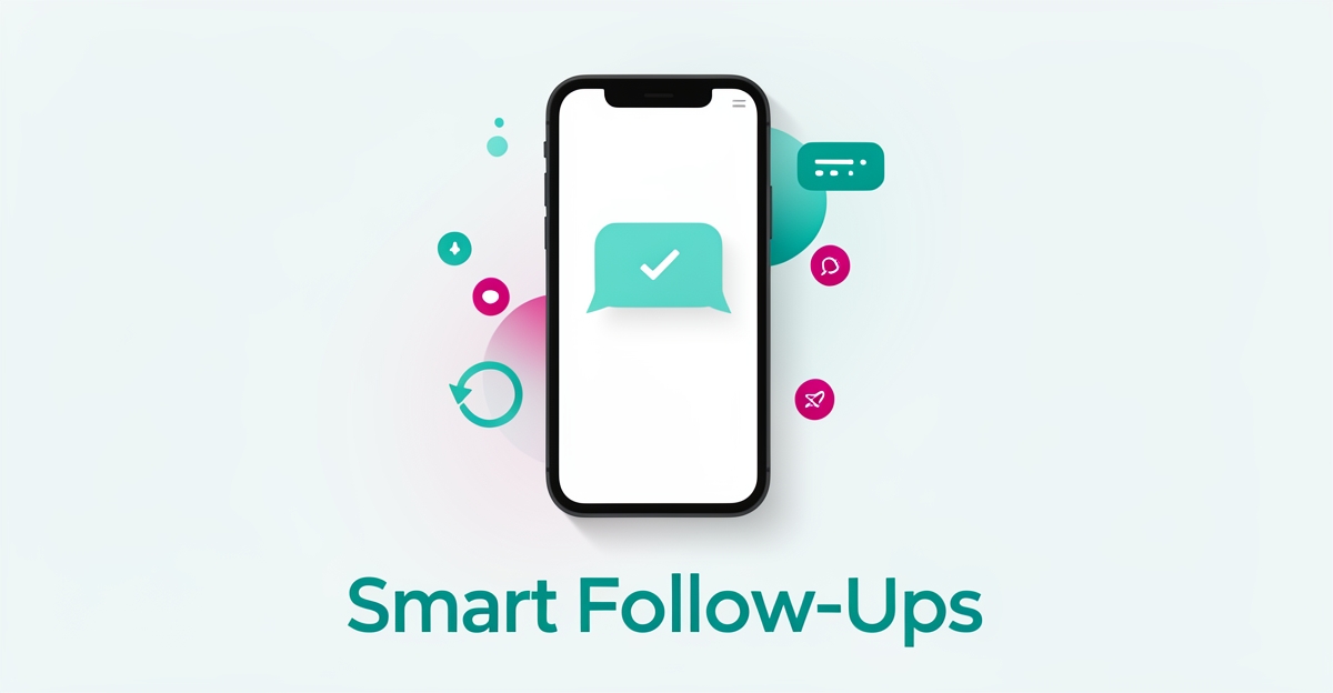 Flat illustration of a smartphone with AI chat follow-up elements in teal and magenta, symbolizing automated customer satisfaction and repeat business.