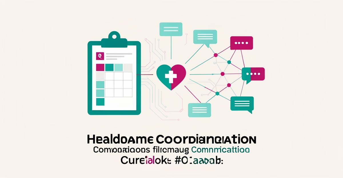 Flat illustration of connected scheduling and communication icons flowing into a medical symbol, symbolizing AI-streamlined care coordination in teal and magenta.