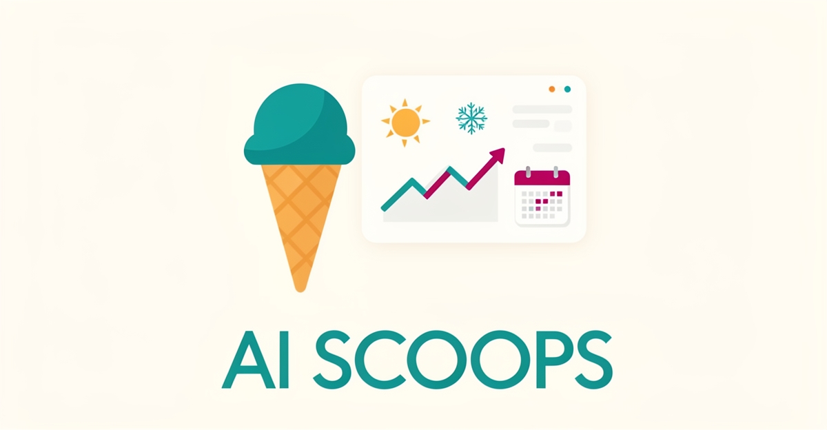 Flat illustration of an ice cream cone beside a data panel with weather and sales icons, accented in teal and magenta.
